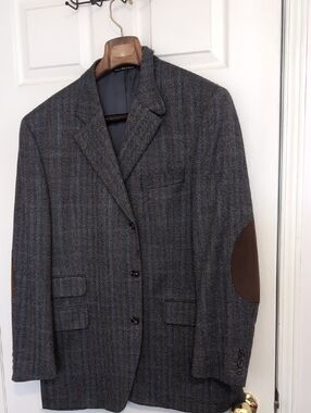 Men's Gray Herringbone Blazer with Brown Elbow Patches Jack Victor